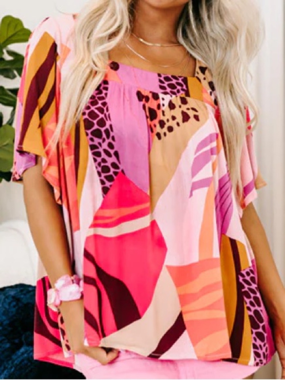 Impressions Pink Multicolor Abstract Flutter Sleeve Top
